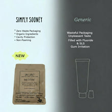 Load image into Gallery viewer, Comparison chart between 'Simply Sooney' and 'Generic' toothpaste products with packaging and ingredient details.
