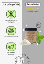 Load image into Gallery viewer, Product packaging with 'Simply Sooney' brand, showing a jar and powder with icons and text about pain points and solution.