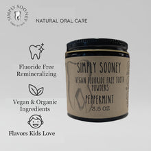Load image into Gallery viewer, Simply Sooney vegan fluoride-free toothpowder jar with branding and product details on a light gray background